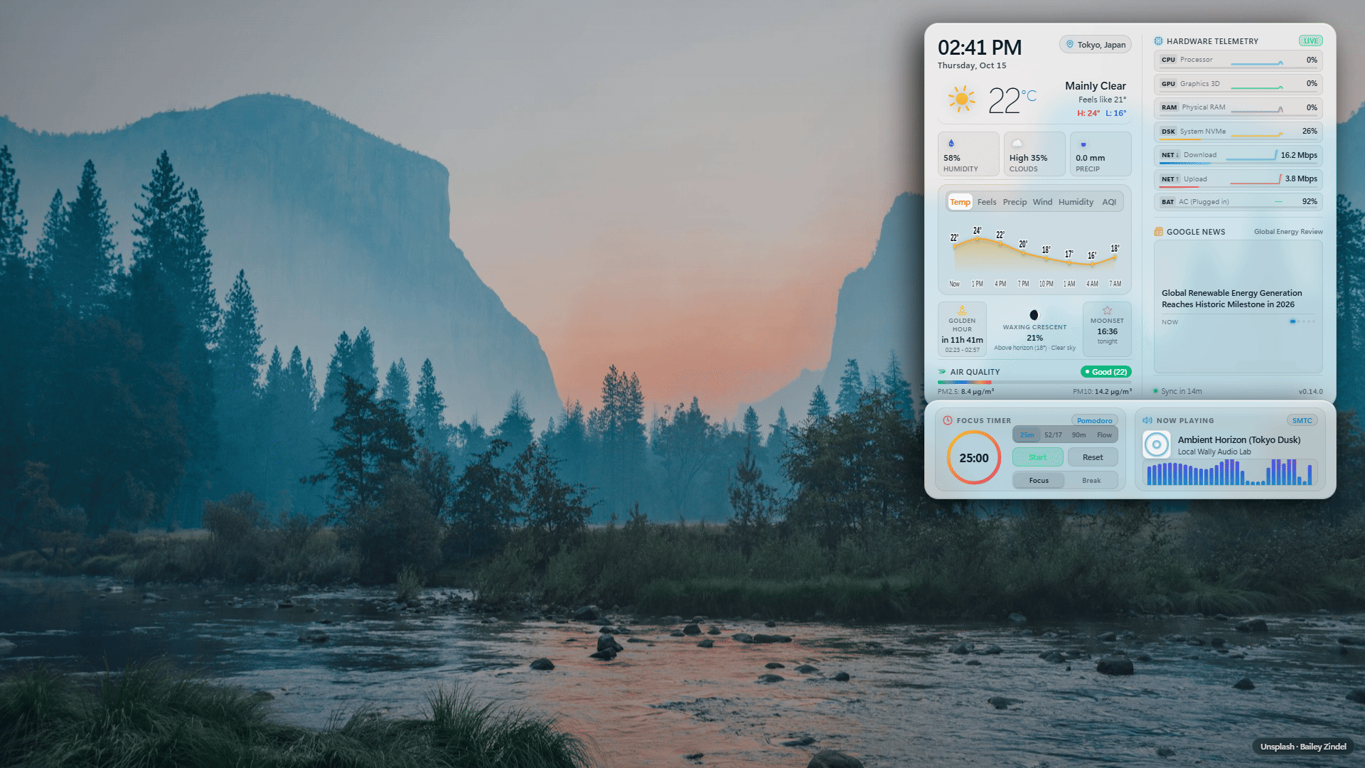 Local Wally HUD Desktop Overview showing live weather, hardware telemetry, 24-hour forecast, regional news, audio visualizer, and Pomodoro focus timer