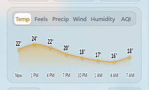 Local Wally 24-hour forecast chart displaying temperature curve and metric tabs