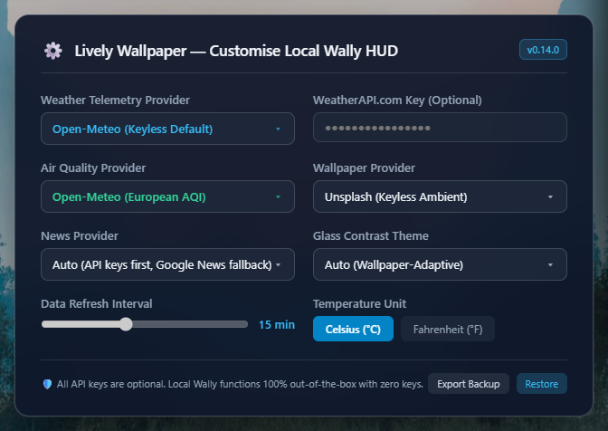 Lively Wallpaper Customise Settings modal showing provider selectors and masked API key fields