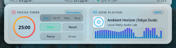 Media player with 32-bar audio visualizer and Pomodoro focus timer dock